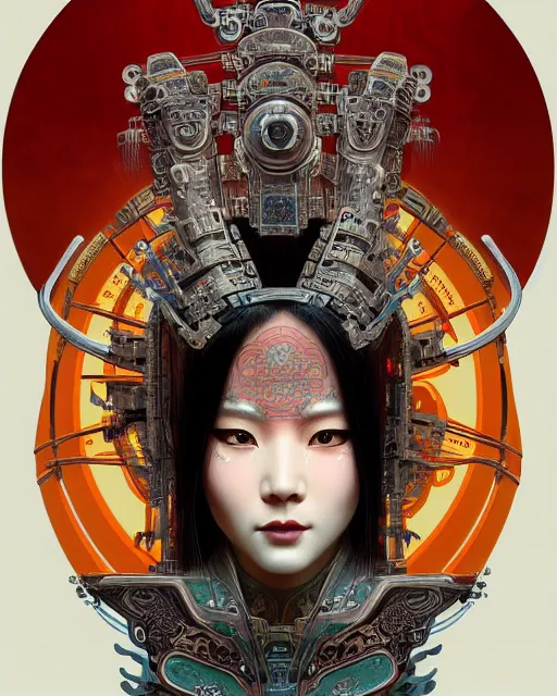 Image similar to portrait of a cyberpunk machine, machine face, upper half portrait, decorated with chinese opera motifs, asian, fine china, wuxia, traditional chinese art, intricate, elegant, highly detailed, symmetry, headpiece, digital painting, artstation concept art smooth sharp focus, illustration, art by artgerm and greg rutkowski alphonse mucha 8 k