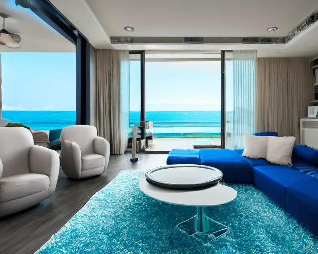 Image similar to A modern living room in a ocean hues style, ocean view, calm, relaxed style, harmony, wide angle shot, 8k resolution