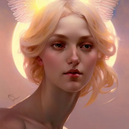 Image similar to Angel girl with blonde hair and glowing halo, wings, fantasy, intricate, elegant, highly detailed, digital painting, artstation, concept art, smooth, sharp focus, illustration, art by Krenz Cushart and Artem Demura and alphonse mucha