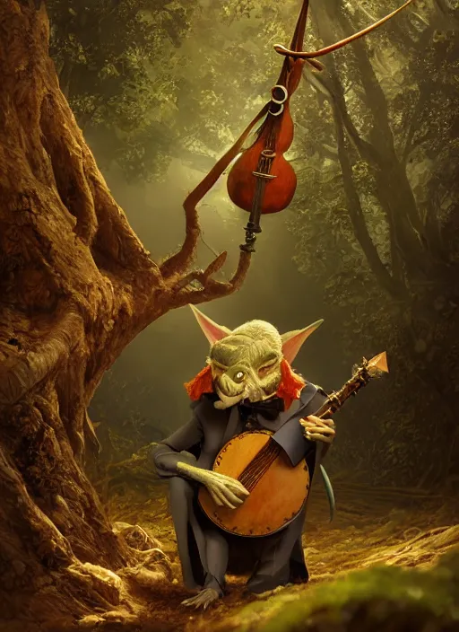 Image similar to a cute sharply dressed goblin playing a lute, in the style of boris valejo and patrick woodroffe, fantastic, dramatic lighting, forest, hyperrealistic, detailed, octane render