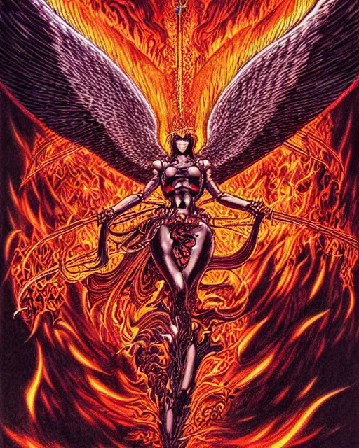 Prompt: hyper detailed illustration of a blazing angel of fire, demon, intricate linework, lighting poster by moebius, ayami kojima, 90's anime, retro fantasy