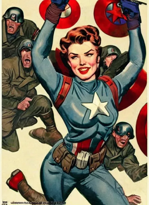 Image similar to beautiful female captain america standing on a pile of defeated, beaten and broken nazi soldiers. feminist captain america wins wwii. american wwii propaganda poster by james gurney. gorgeous face. overwatch