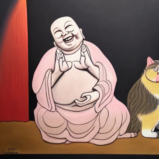 Image similar to painting of laughing buddha with cat