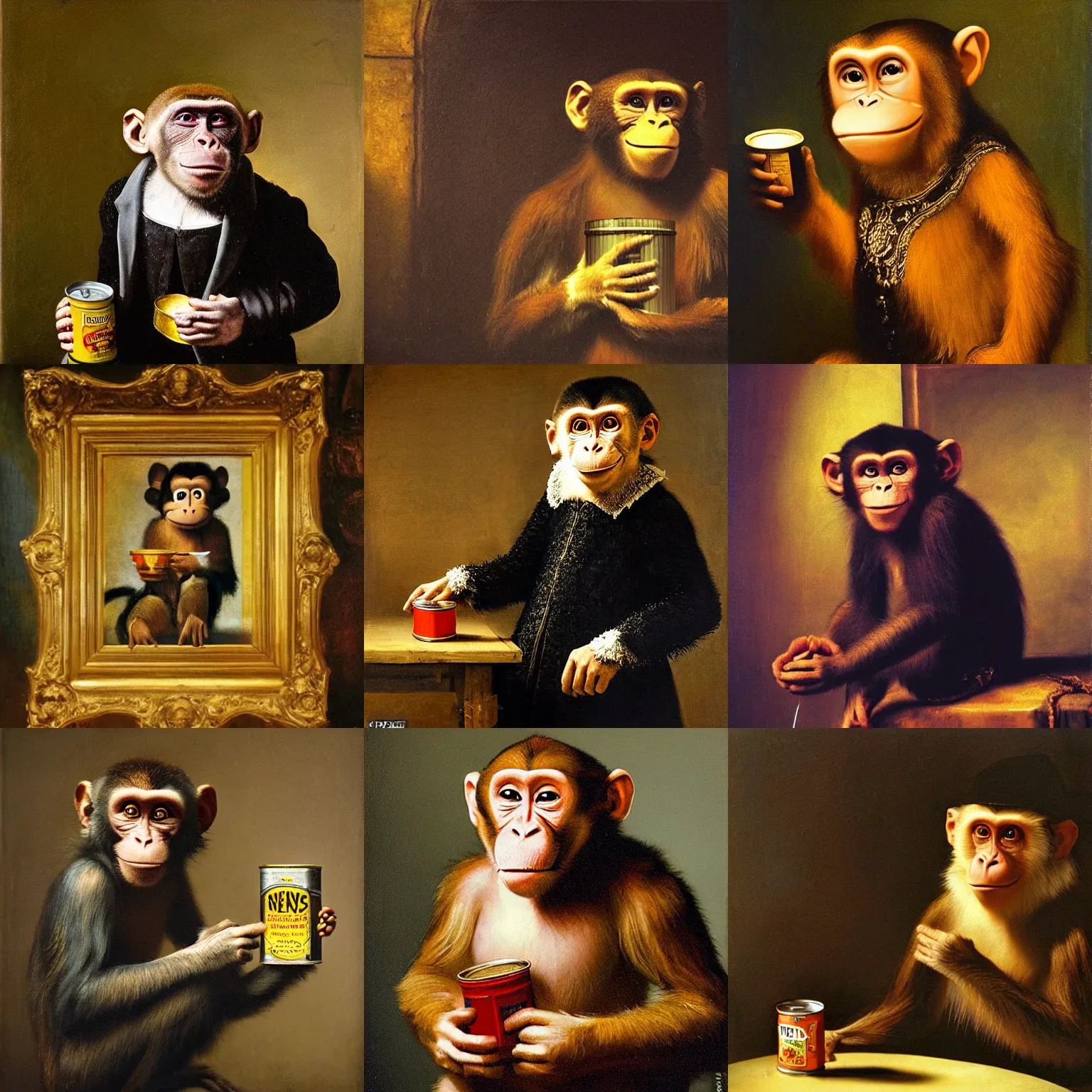 Prompt: a smiling monkey in suits eating a tin can of heinz beans renaissance oil painting, beautiful lighting rembrandt