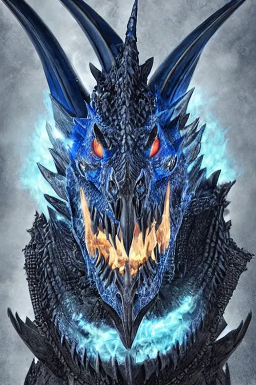 Image similar to a dark blue dragonborn with large tusks, half of his face flaming with blue flame, he wears a black dragon scales armor, studio shot