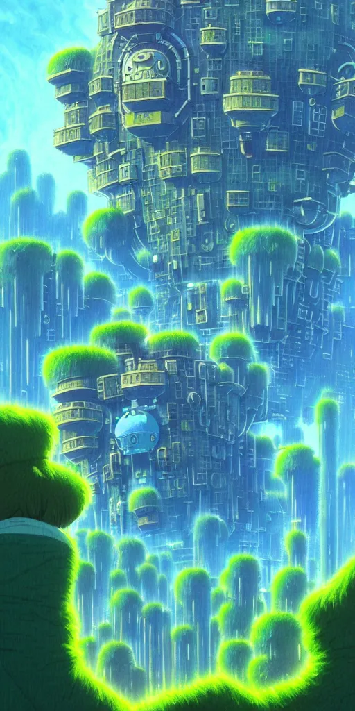 Prompt: a huge blue tiled apartment building of howl's moving castle ghibli, photorealistic, art by vincent di fate nausicaa, ghibli, breath of the wild, epic composition, green plants