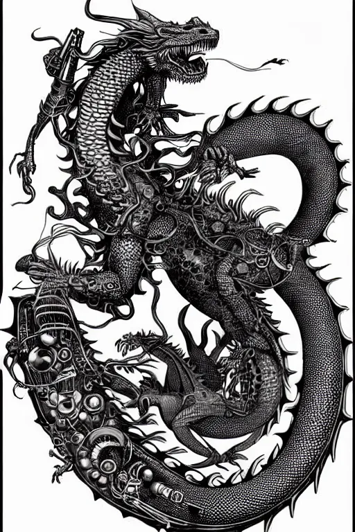 Prompt: hyper realistic dragon with steam punk tanks and tubes and breathing apparatus on its back, white background, full frame, art by james o barr and albrecht durer, surreal woodblock print, black and white, vector, vector art