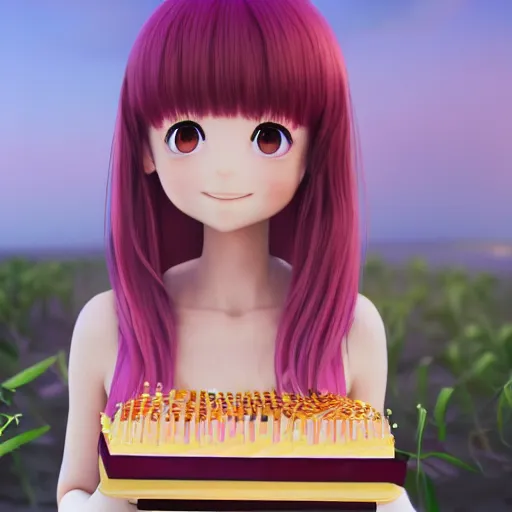 Image similar to Render of a beautiful 3d anime woman holding a birthday cake out to the camera, long light pink hair, full bangs, hazel eyes, cute freckles, full round face, soft smile, Chinese heritage, cute checkerboard sundress, golden hour, serene beach setting, medium shot, mid-shot, hyperdetailed, trending on Artstation, Unreal Engine 4k