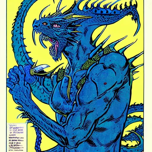 Prompt: head and shoulders portrait of a medieval d & d fantasy anthropomorphic blue dragon - headed sorcerer, comic book cover art by phil noto, frank miller, jeff easley, and hr giger