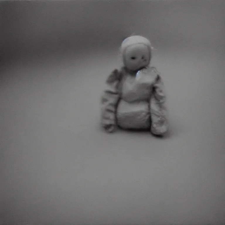 Prompt: a grainy, tilt shift photo of a creepy sad doll. Silver Gelatine Process. Expired film.