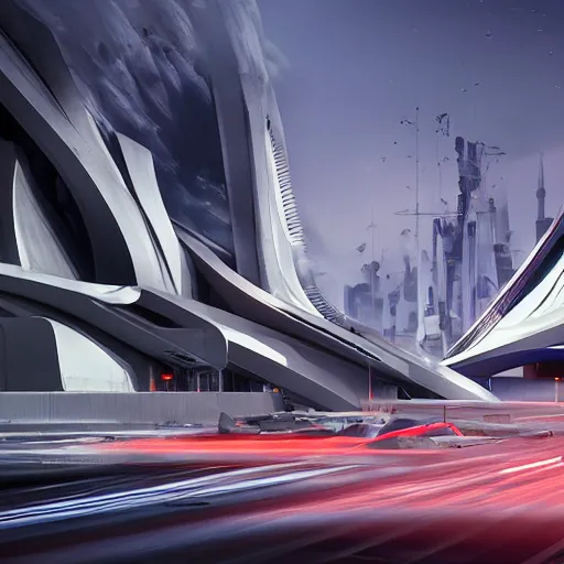 Image similar to sci-fi cars 50% of canvas in center and wall near structure on the coronation of napoleon painting and digital billboard in the middle and everything in style of zaha hadid and suprematism forms unreal engine 5 keyshot octane artstation trending bladerunner lighting ultra high detail ultra photo realistic 8k 16k in plastic dark tilt shift