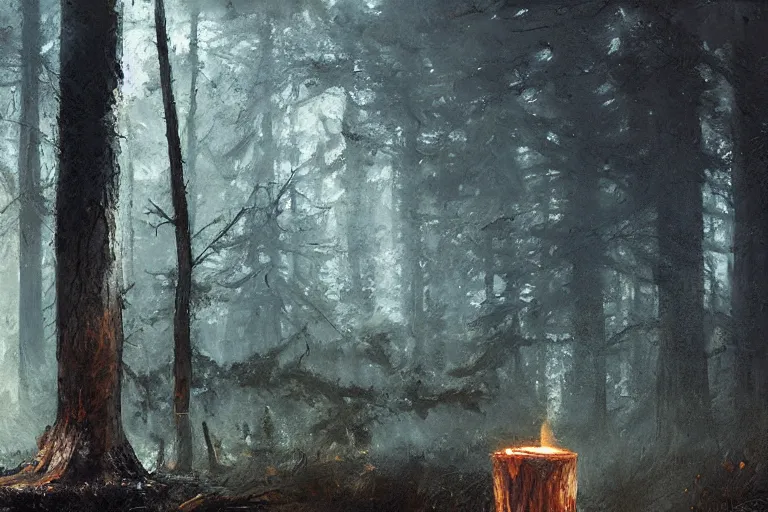 Image similar to matte painting of a lit candle in a dead stump of a tree, by jeremy mann and greg rutkowski, intricate cinematic light, oil on canvas