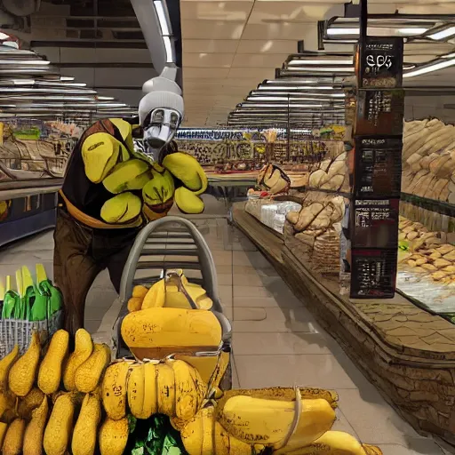 Image similar to a masked man at a self checkout stealing one banana, theft at grocery store, walking out with one banana, banana in hand, trending on artstation, depth field, unreal engine, cinematic, hyper realism, high detail, octane cinema 4 d render, a 2 4 cinematography, 8 k