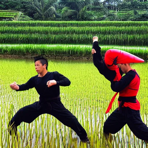 Prompt: ninja training in a rice fields fighting with a giant monster lobster
