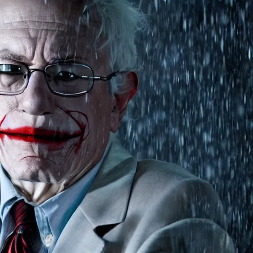 Prompt: stunning awe inspiring ( bernie sanders ) playing the joker movie still 8 k hdr atmospheric lighting, raining