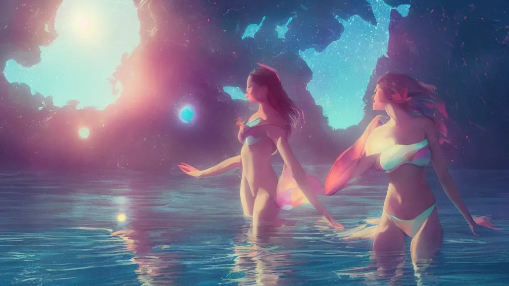 Prompt: beautiful seductive women standing in a lake reaching for the sky, underneath a multi-colored binary blackhole with an accretion disc, by Lois van Baarle, by Greg Rutkowski, by artgerm, by beeple, cinematic angle, volumetric lighting, 4k resolution, octane render, trending on artstation