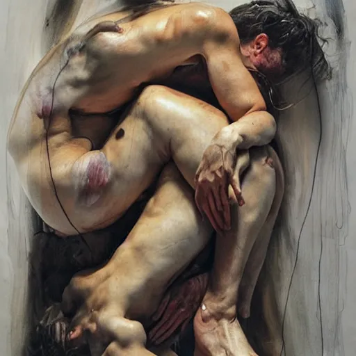 Image similar to lovers by jenny saville. dark atmosphere