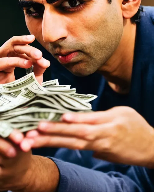 Prompt: film still close - up shot of rishi sunak counting money from the movie monty python's the meaning of life. photographic, photography