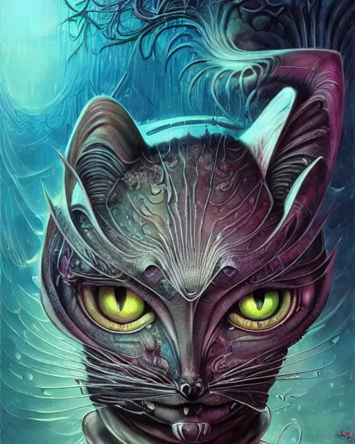 Image similar to chesire cat, by antonio j. manzanedo, giger, alex grey, android jones, wayne barlowe, philippe druillet, raymond swanland, cyril rolando, josephine wall, harumi hironaka, trending on artstation