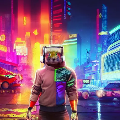 Image similar to hamster with rainbow fur in the style of cyberpunk 2 0 7 7, 8 k, hd, light reflection