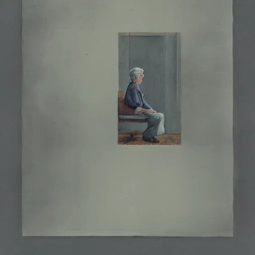 Prompt: lithography of an old man looking his reflection on a big mirror, colored, soft colors, watercolor, paper texture