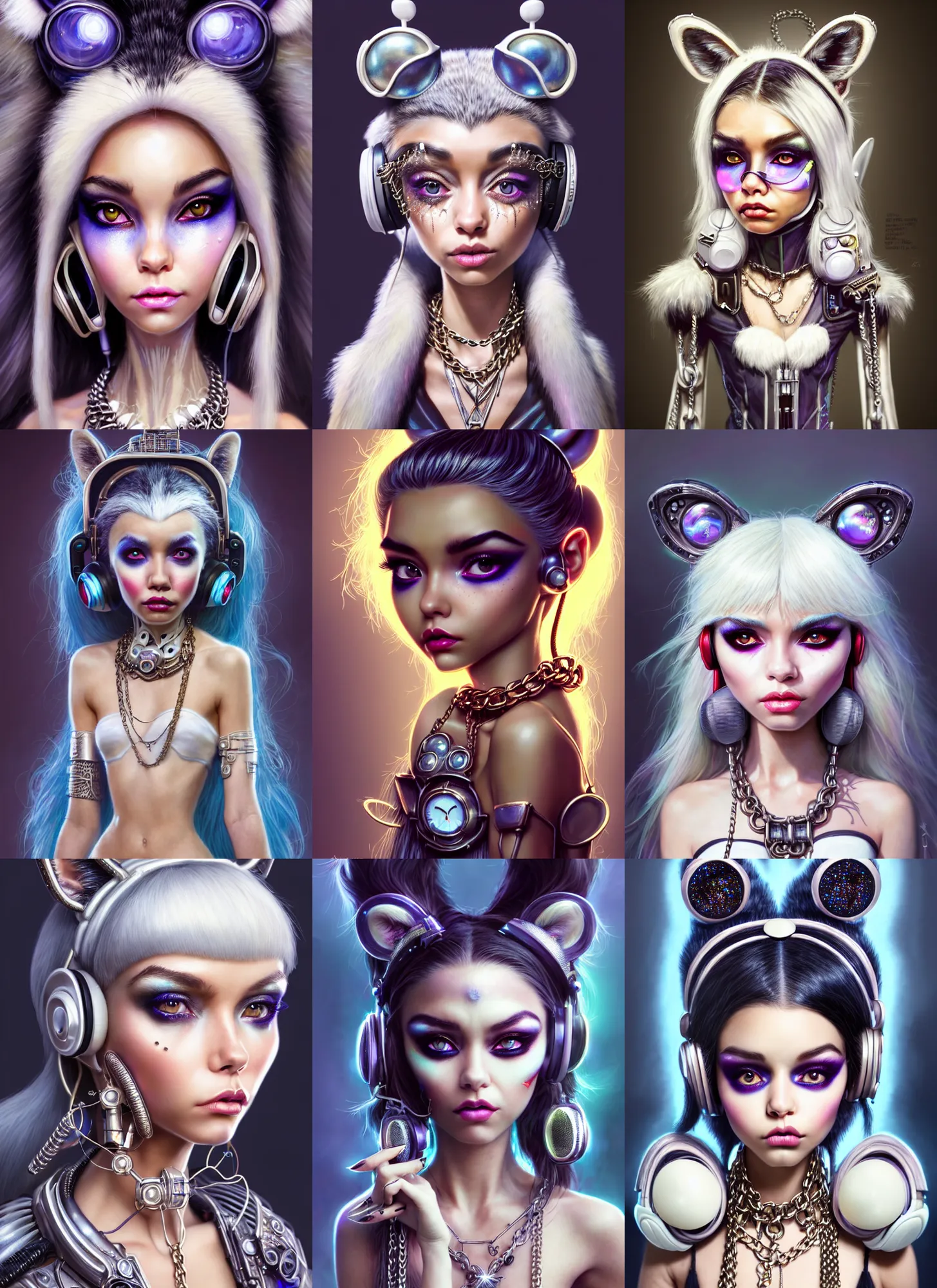 Prompt: disney weta portrait, beautiful lustrous ivory white edm clowncore raccoon madison beer cyborg woman, earbuds, chains, bling, sci - fi, fantasy, cyberpunk, intricate, decadent, highly detailed, digital painting, ever after high, octane render, artstation, concept art, smooth, sharp focus, illustration, art by artgerm, loish, wlop