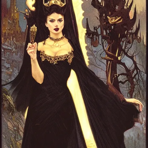 Prompt: an extremely detailed matte painting of a vampire queen in a resplendent black dress with gold and crimson trim and a long leg slit, in the style of magic the gathering, 8 k, sharp focus, detailed face, art by john collier and albert aublet and krenz cushart and artem demura and alphonse mucha