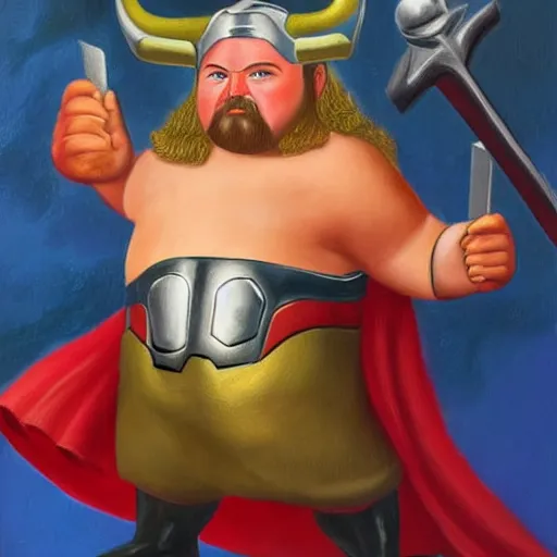 Prompt: Fernando Botero painting of Thor from MCU, high definition art, extremely detailed