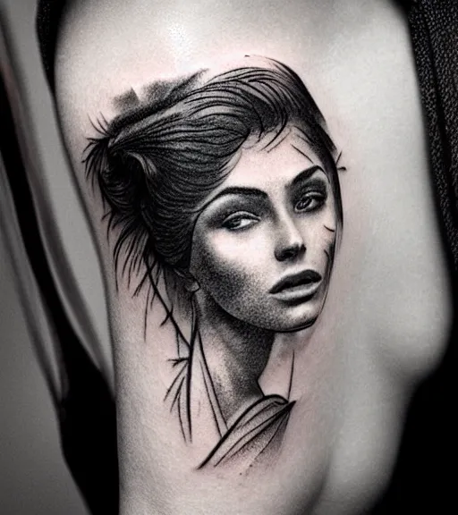 Image similar to tattoo design sketch of a beautiful woman face faded with a background of beautiful mountains and nature, hyper - realistic, in the style of den yakovlev, amazing detail, black and white