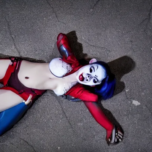 Image similar to a criminal photography taken of a dead harley quinn from suicide squad laying on the ground, blood is pooling under her, at night, super realistic.