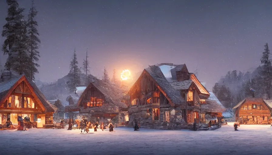 Image similar to wooden village built near a frozen lake in snowy mountains, fireplace, evening, people, hyperdetailed, artstation, cgsociety, 8 k