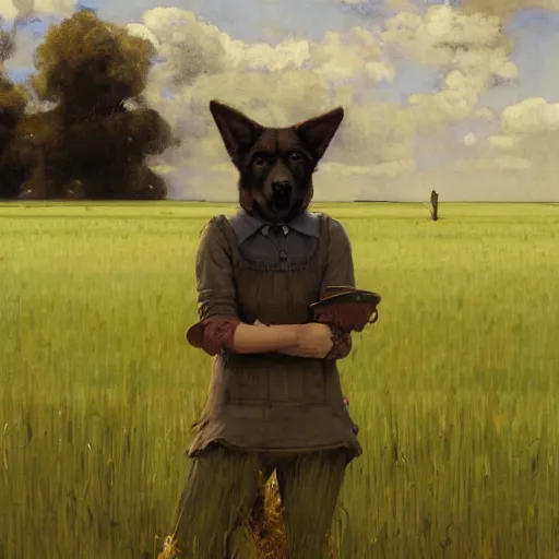 Prompt: farm life portrait of furry anthro anthropomorphic german shepard head animal person fursona wearing clothes farmer on the field in ohio, sunny day, digital art by Nerdrum John, William Waterhouse, Winslow Homer, Alex Heywood, Jordan Grimmer, Darren Quach, Greg Rutkowski, Simon Stalenhag, trending on Artstation, CGSociety