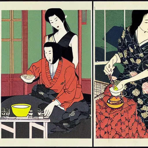 Image similar to A Japanese husband and his beautiful Japanese wife with a snake crawling around them, drinking tea by Toshio Saeki, high detailed