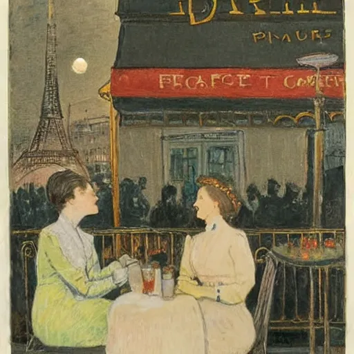 Prompt: two young edwardian women sit outside a cafe in paris at night, the moon is in the sky, the eiffel tower is visible in the background, in the style of carl larsson