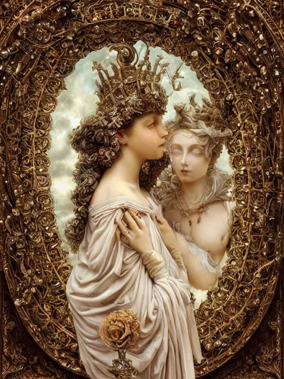 Image similar to a beautiful render of baroque catholic veiled the red queen and the white queen sculpture with symmetry intricate detailed,gemstone-embellished,by Lawrence Alma-Tadema, peter gric,aaron horkey,Billelis,trending on pinterest,hyperreal,jewelry,gold,intricate,maximalist,glittering,golden ratio,cinematic lighting