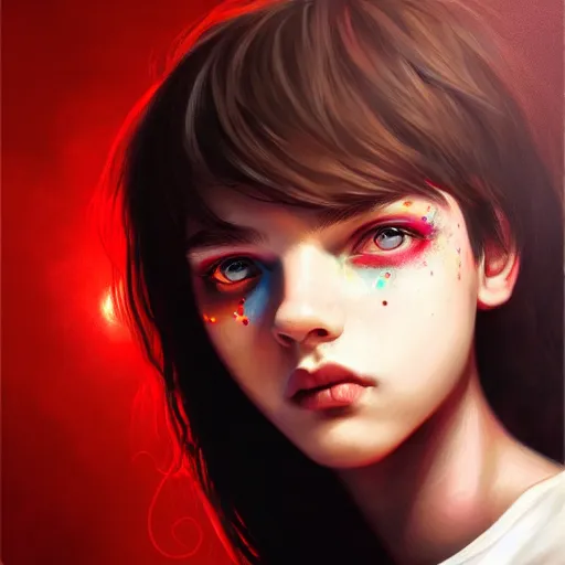 Image similar to colorful and festive captivating teenager with straight brown hair covering his eye, dark skin, big lips, big eyes, wearing a red t - shirt. rich vivid colors, ambient lighting, dynamic lighting, 4 k, atmospheric lighting, painted, intricate, highly detailed by charlie bowater