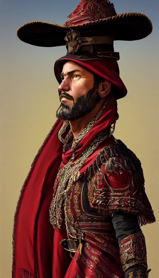 Image similar to federal commander full body portrait, stern look, late xix century red and carmesi gaucho style, ornate poncho, steppe geommetrical background, intricate, highly detailed, digital painting, artstation, concept art, sharp focus, illustration, art by Artgerm, Grafit Studio, and Greg Rutkowski, Craig Mullins, Makoto Shinkai, Stanley Artgerm Lau, WLOP, Rossdraws, James Jean, Andrei Riabovitchev, Marc Simonetti, krenz cushart, Sakimichan, D&D trending on ArtStation, digital art - W 640