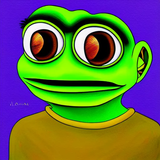 Prompt: pepe the frog portrait, digital painting, beautiful color theme, high detail, trending on artstation