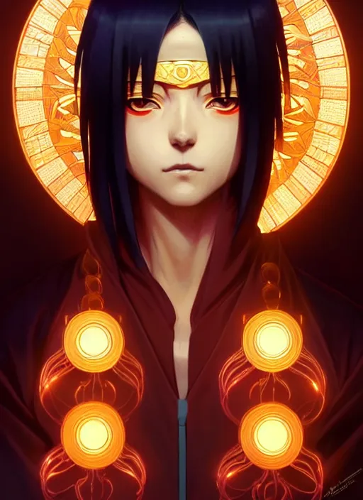 Image similar to symmetry!! itachi, glowing lights!! intricate, elegant, highly detailed, digital painting, artstation, concept art, smooth, sharp focus, illustration, art by artgerm and greg rutkowski and alphonse mucha