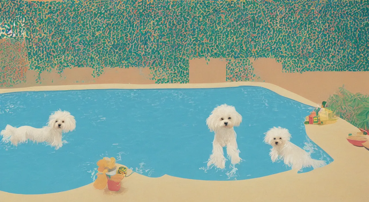 Image similar to a cream colored havanese dog swimming in a swimming pool at a mid century modern house in palm springs by david hockney