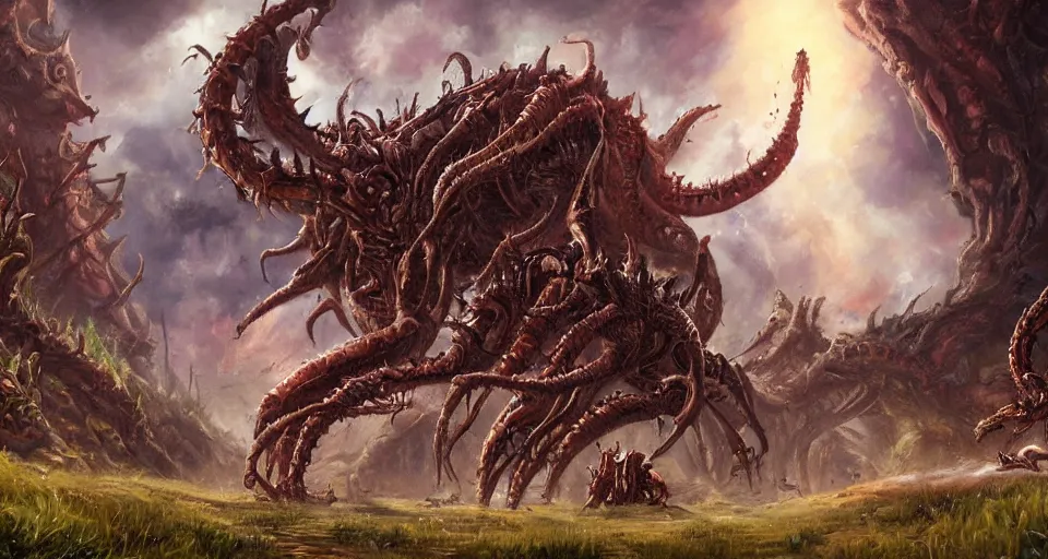 Image similar to a painting of Kerrigan and a hydralisk on a hill, a screenshot by Zack Snyder, behance contest winner, starcraft, concert poster, behance hd, movie poster,