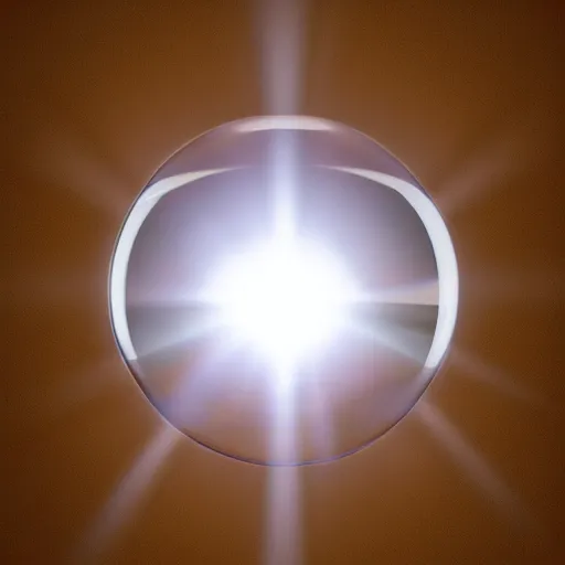 Prompt: a glass sphere refracting a ray of light in a foggy room, hyperrealistic 3 d render