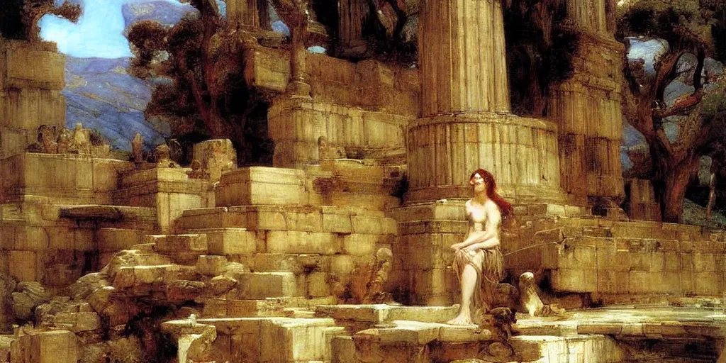 Prompt: The Oracle at Delphi by John William Waterhouse and Thomas Moran