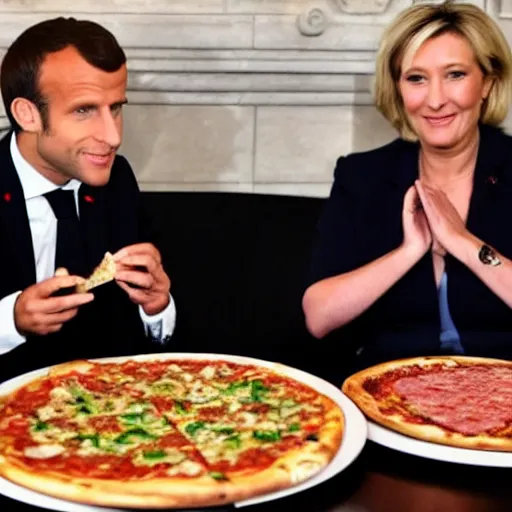 Image similar to macron eating a pizza with marine lepen