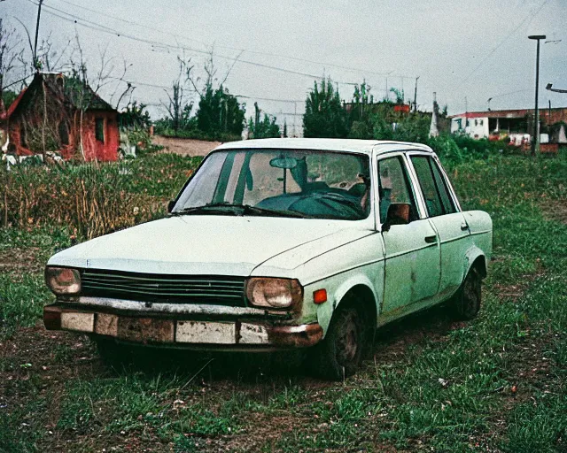 Image similar to a lomographic photo of old lada 2 1 0 7 standing in typical soviet yard in small town, hrushevka on background, cinestill, bokeh