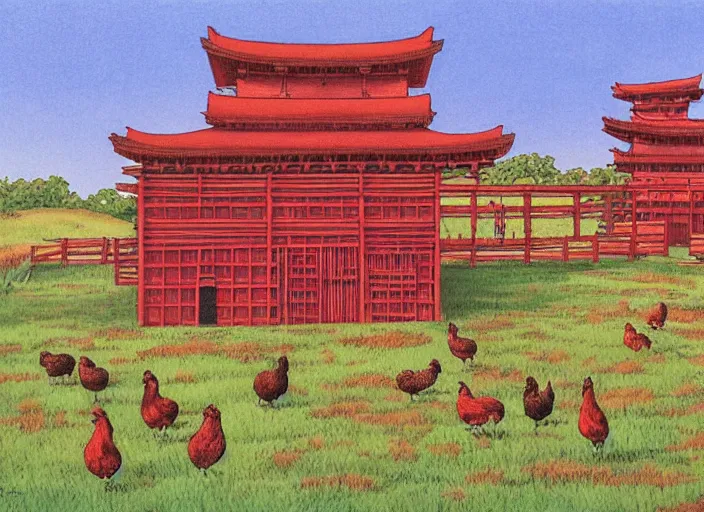 Image similar to big red and brown japanese fort in a meadow with chickens by studio ghibli painting