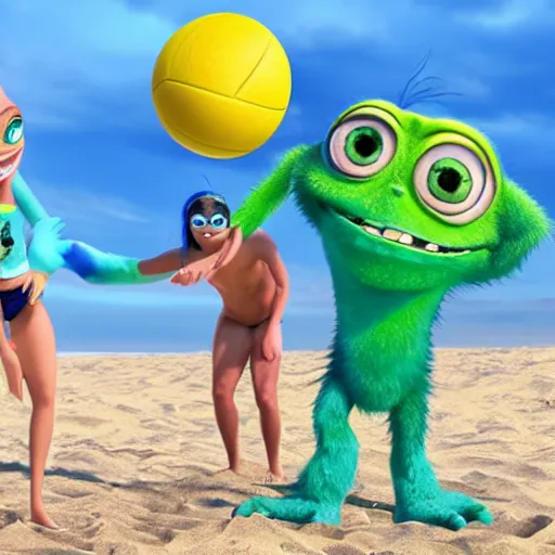 Prompt: Mike Wazowski and Sully playing beach volleyball, bikini, sandy beach,