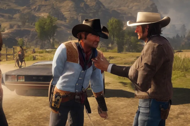 Prompt: Arthur Morgan buys a delorean from john marston