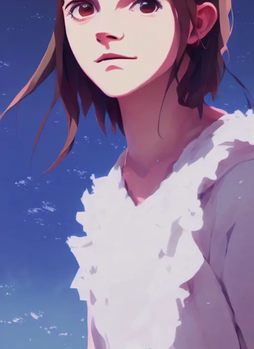 Image similar to portrait of emma watson, cloudy sky background lush landscape illustration concept art anime key visual trending pixiv fanbox by wlop and greg rutkowski and makoto shinkai and studio ghibli