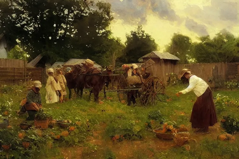 Image similar to simple amish farmers tending to their cottage vegetable gardens, art by anders zorn, wonderful masterpiece by greg rutkowski, beautiful cinematic light, american romanticism thomas lawrence, greg rutkowski